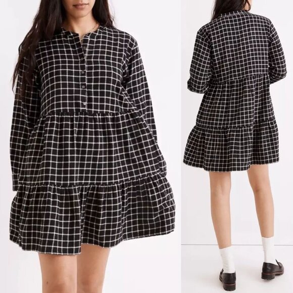 Madewell Flannel Button-Placket Tiered Mini Dress Windowpane Plaid Black S $118 - Picture 1 of 16